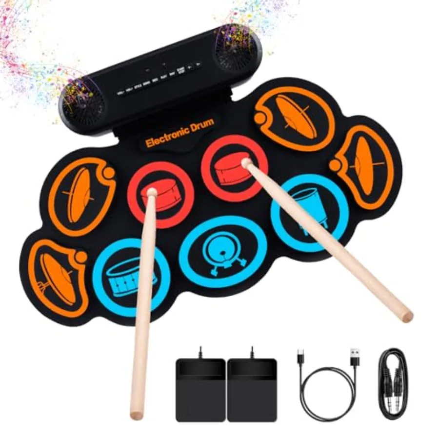 

Electronic Drum Set 9-Pads Roll-Up Electric Drum Pad Kit with Headphone Jack 10Hrs Playtime Built-in Speaker with Drumsticks Pe