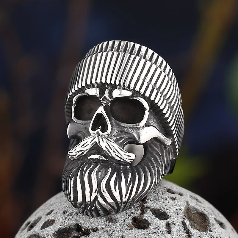 Gothic Vintage 316L Stainless Steel Cool Locomotive Old Man Skull Ring Punk Rock Bearded High Quality Jewelry DropshippingOSR463