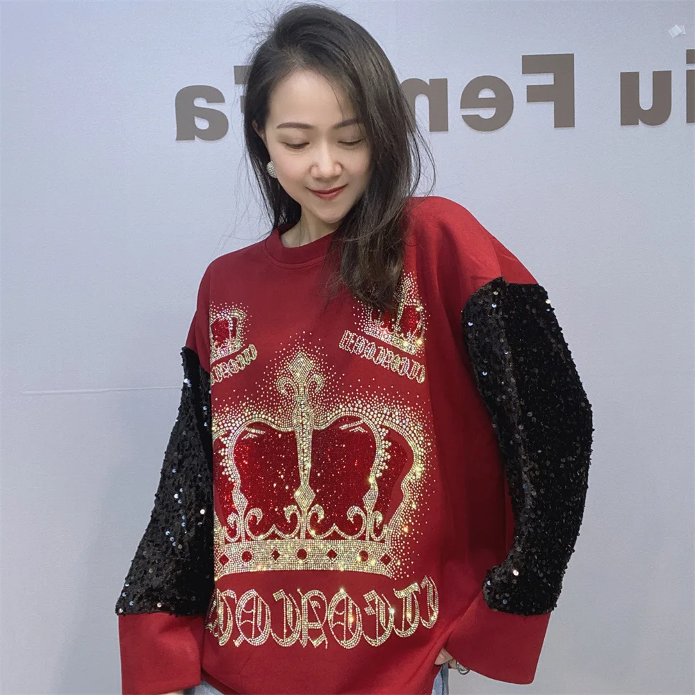 Loose Round Neck Color Block Long Sleeve Sweatshirts Women Spring and Autumn New Heavy Embellished Space Cotton Top 2025 New