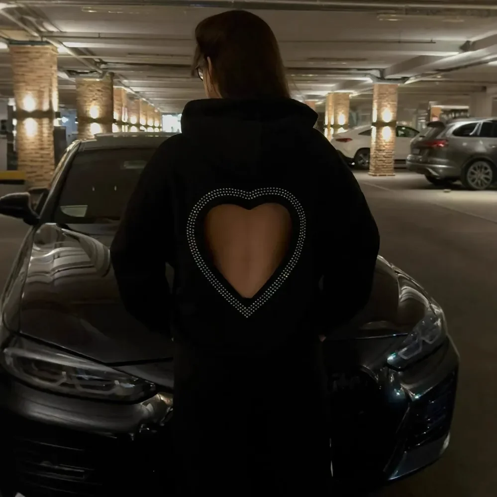 Y2k ハロウアウト ハート型 ダイヤモンド パーカー レディース グランジ ヒップホップ ストリートウェア スウェットシャツ トップス ゴス オーバーサイズ パーカー レディース服