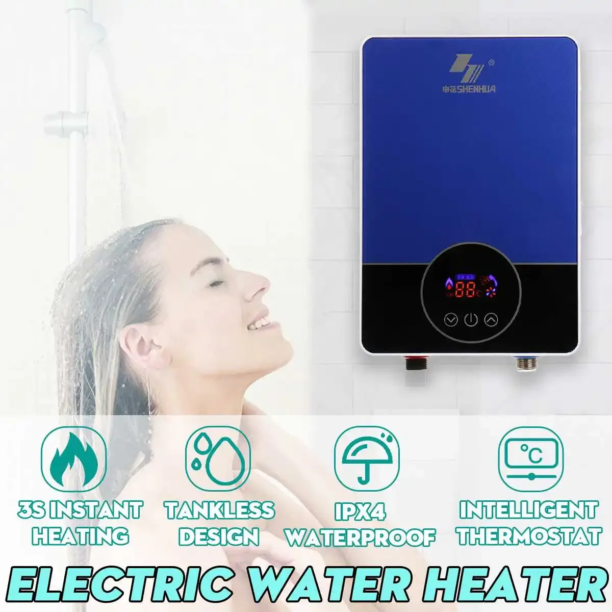 6000W Smart Electric Water Heater Remote Control Instantaneous Tankless Water Heater Kitchen Bathroom Shower Water Fast Heating
