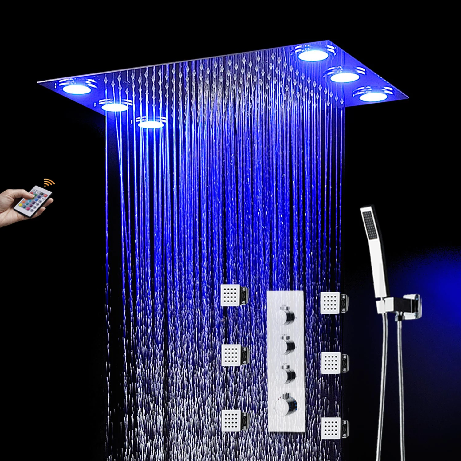 

LED Shower Faucets Set 500X360mm Bathroom Shower Head Rainfall Thermostatic Diverter Valve Massage Body Jets 2 inch