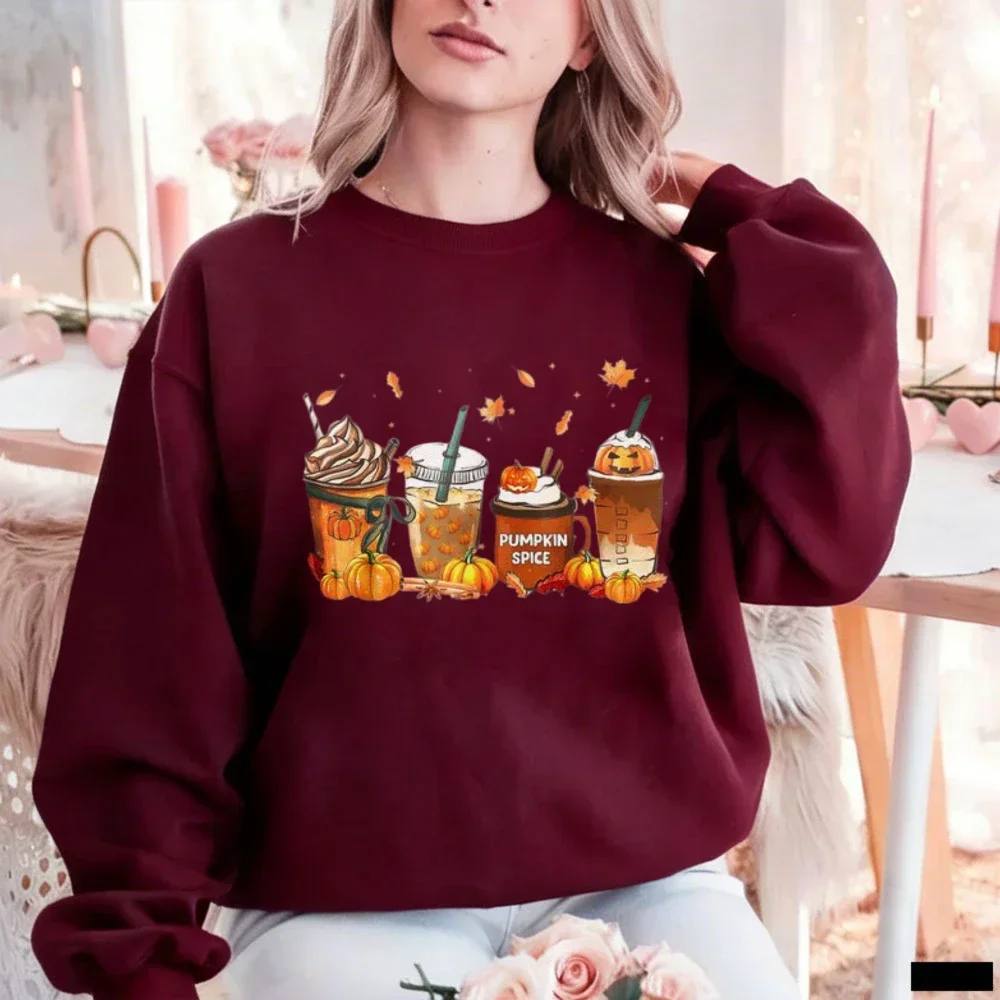 Funny Halloween Pumpkin Spice Latte Sweatshirt Fall Coffee Cups Patch Leaves Graphic Pullover Cozy Women Autumn Winter Tops view 5