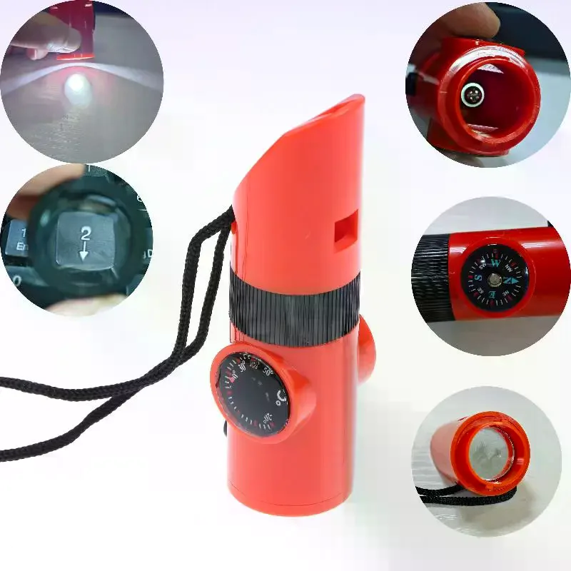1Pcs Compass Mirror Flashlight Magnifier LED Light Storage Compass Tool Orange 7 In 1 Jungle Survival Hiking Whistle