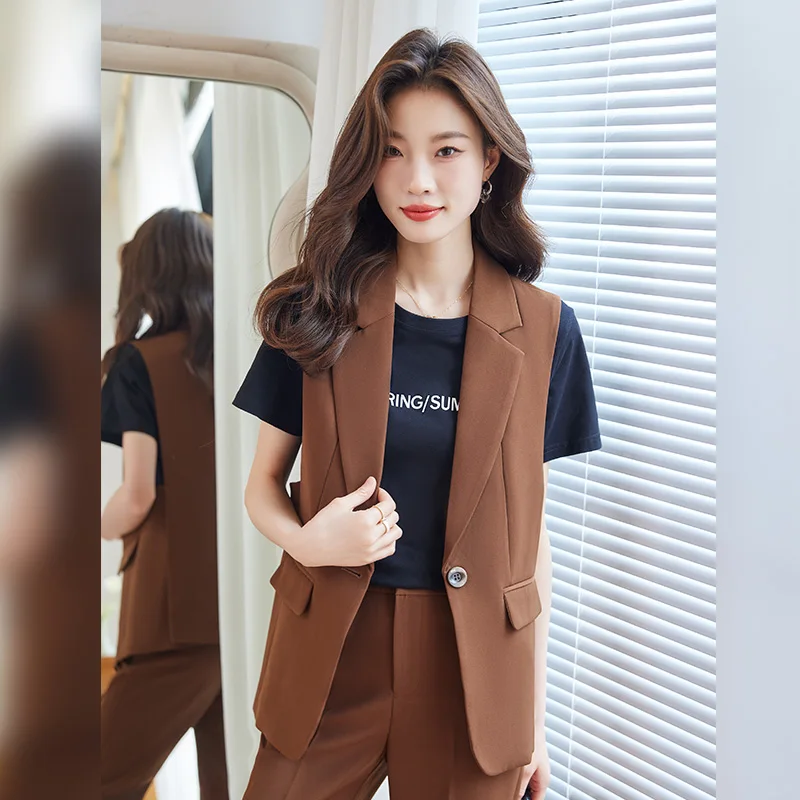 2023 Autumn Fashion & Leisure Vest and Pant Suit Women Slim Sleeveless Blazer Trouser Two Pieces Set for Office Ladies Work Wear