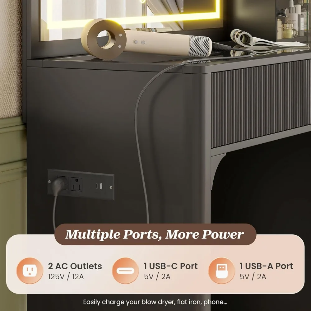 مكتب مكياج كبير مقاس 55 بوصة مع مرآة LED مقاس 35.4 بوصة، ومنافذ طاقة، وسطح مطلي باللون الأسود، وسطح زجاجي، و3 أدراج، Space-Sa