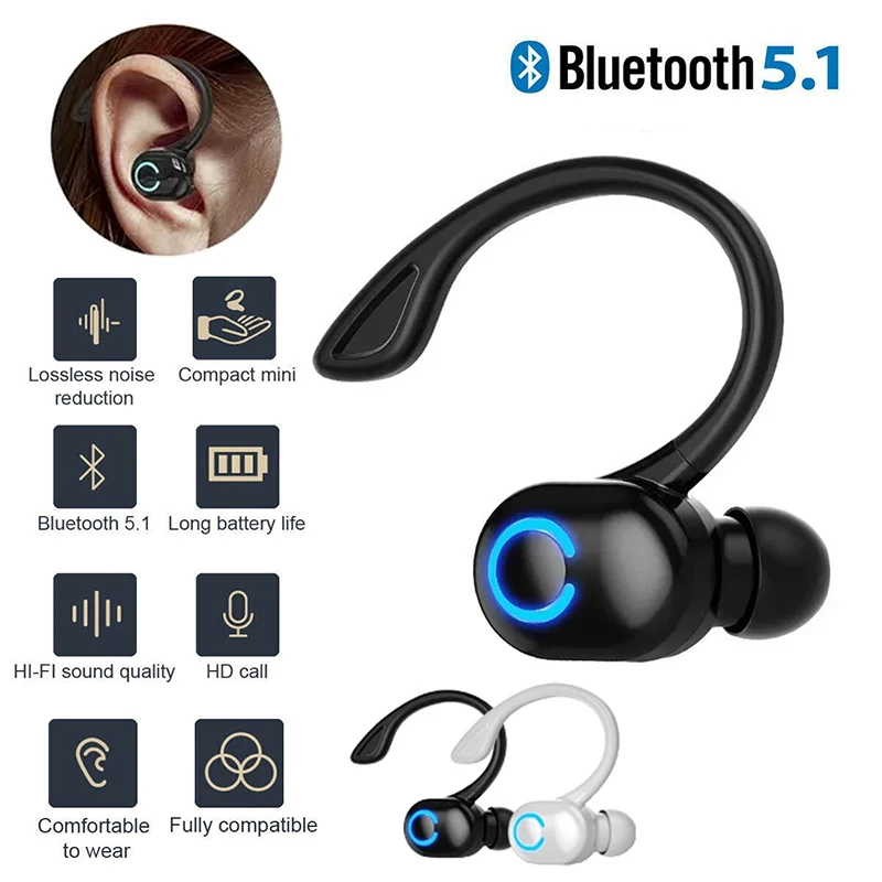 

Bluetooth 5.2 Business Earphone Wireless Single Headphone with Mic Mini Ear Hook HiFi Stereo Music Earbud for Cellphone Car Call