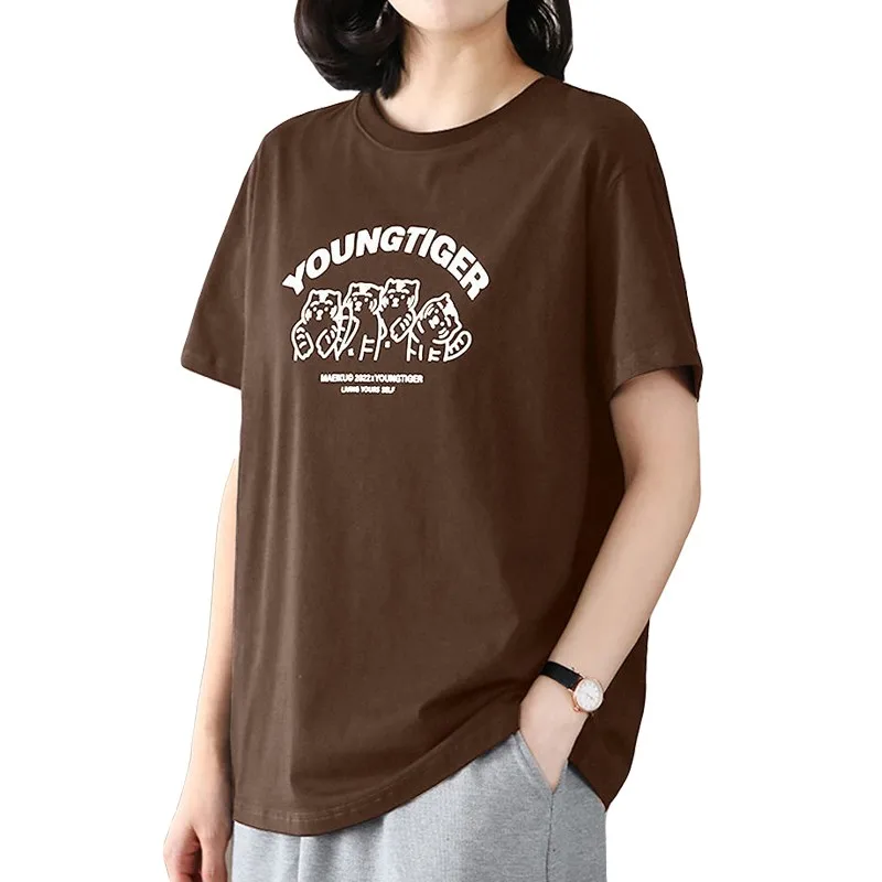 Y2k Cotton O Neck Short Sleeve Tees Tops Female Young Tiger Harajuku Print Casual Joker Skinny Summer Brown T Shiirt Women