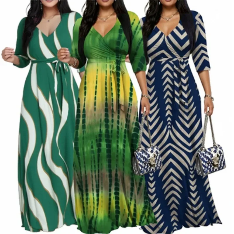 European and American sexy, fashionable, elegant cut, large swing print, geometric pattern, seven or eight sleeves, V-neck dress