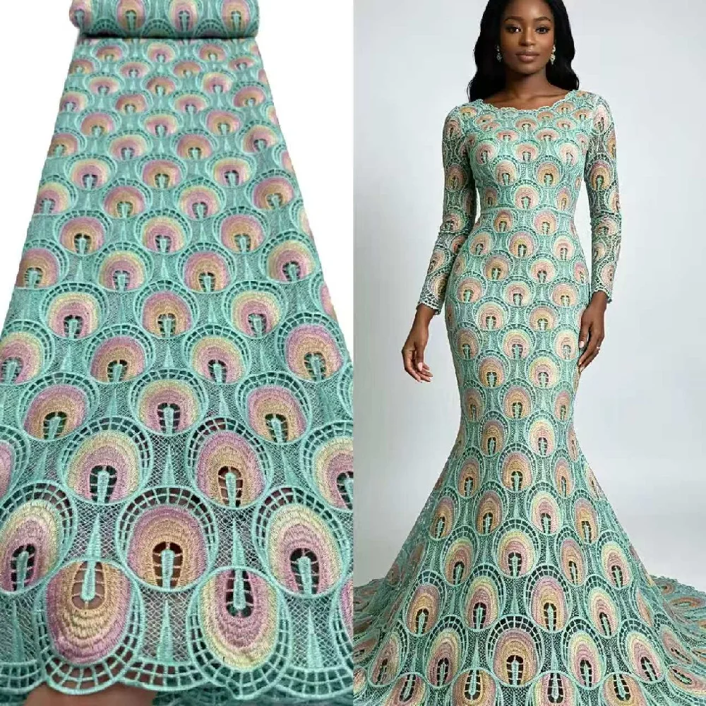 

Mint Green Pastel Peacock Feather Lace Fabric African Asoebi Hollow Embroidery for Wedding Dress