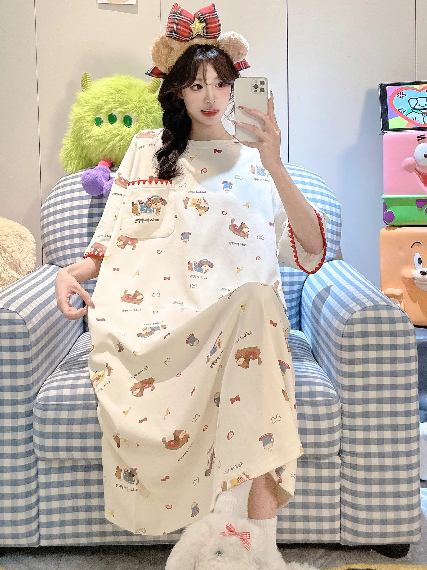 Roupa de Casa Feminina de Algodão Puro com Estampa de Cachorrinho de Desenho Animado, Manga Curta, Tamanho Grande, Ideal para o Verão, Pode Ser Usada ao Ar Livre