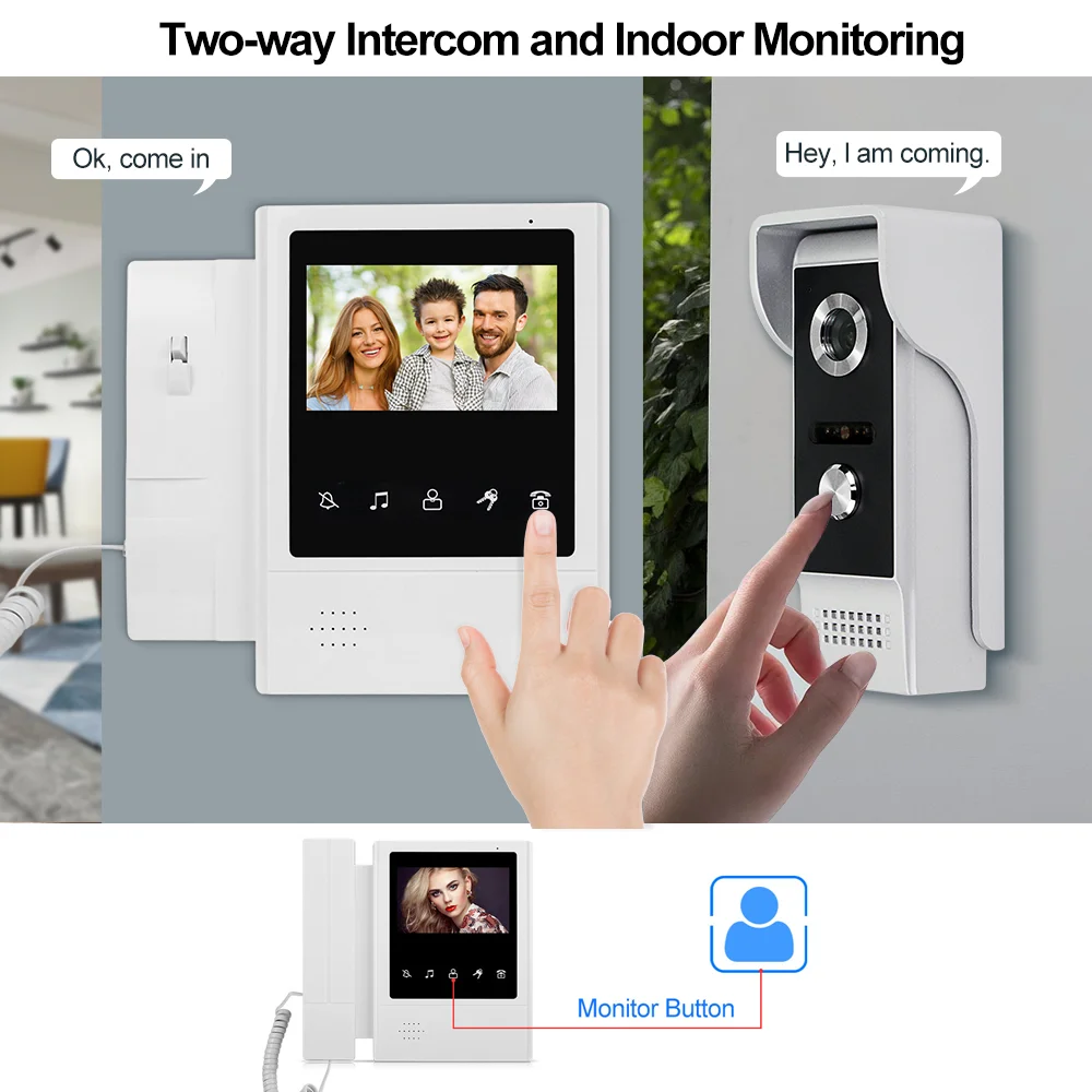 Sistema de intercomunicación con timbre de puerta para el hogar, videoportero portátil con cable a Color, Monitor interior de 4,3 pulgadas, 700TVL,