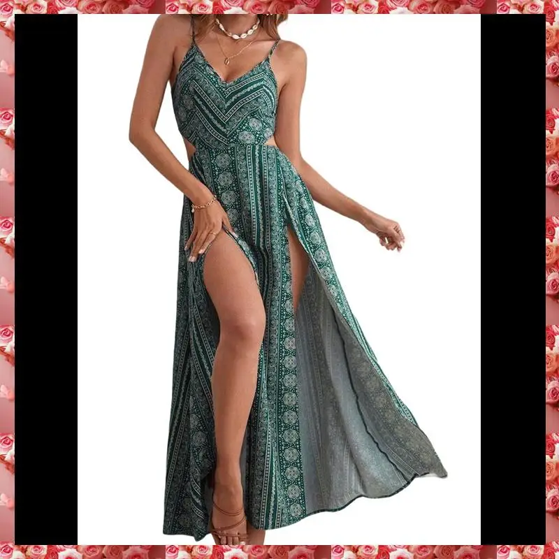 Robe d'été pour femmes, cravate au dos, col en V, florale, Maxi, tropicale, longue plage, vacances, fente latérale