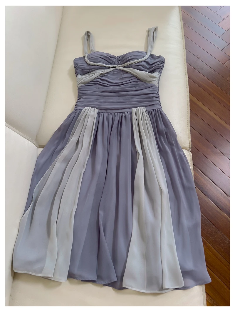 Faionable ter Ne robe en violet avec plis taille haute jupe trapèze pour les rendez-vous de vacances usage quotidien fibre de polyester Dr