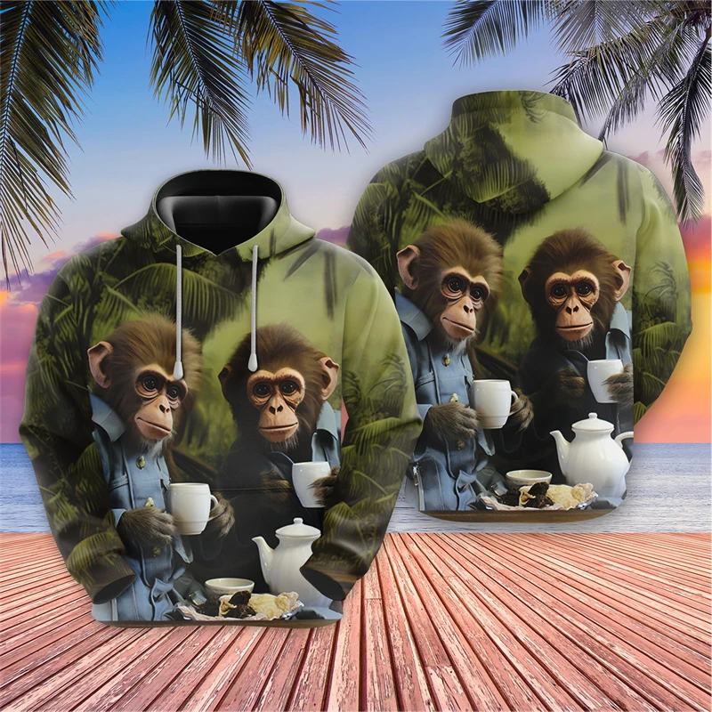 Hip Hop Monkey Graphic Sweatshirts Funny Animal Hoodies For Men Clothes Casual Cute Simian Pullovers Kawaii Tracksuit Y2k Tops