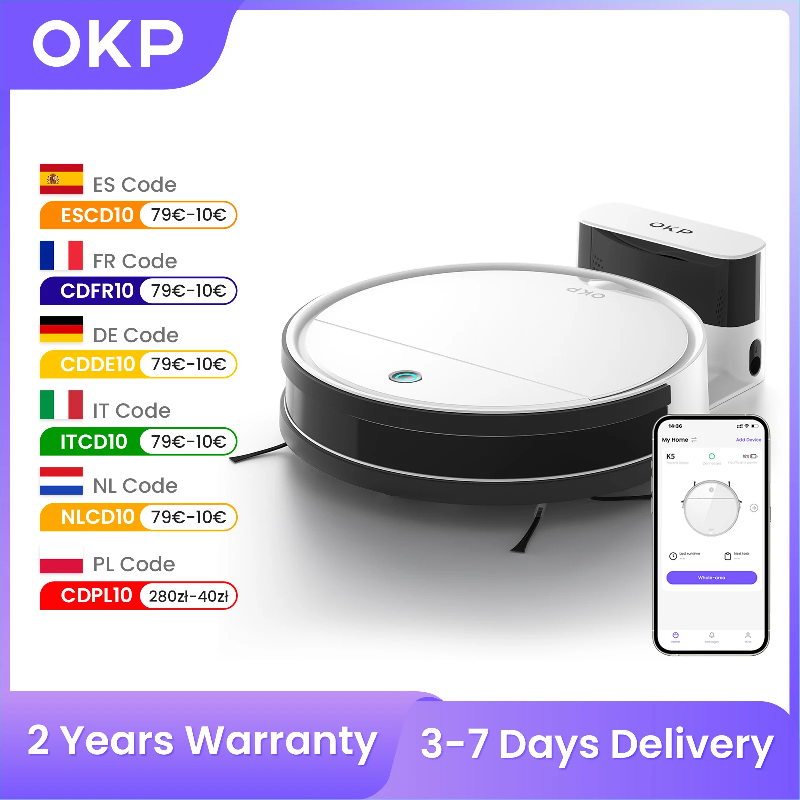 OKP K5 Robot aspirateur, WiFi/App, Programmable, système de Filtration efficace, Recharge automatique, Parfait pour sols durs, Animal Ha