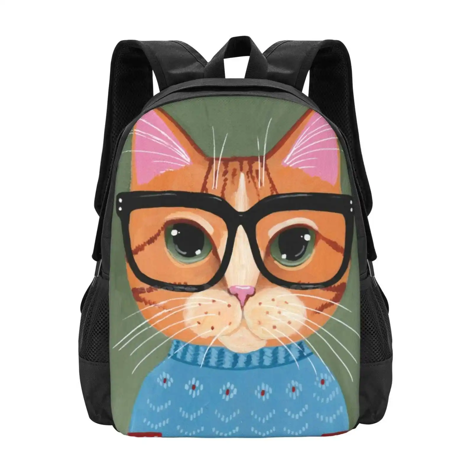 Sammie'S Ugly Christmas Sweater School Bags Travel Laptop Backpack Original Folk Art Ginger Cat Hipster Cat Cat In Glasses