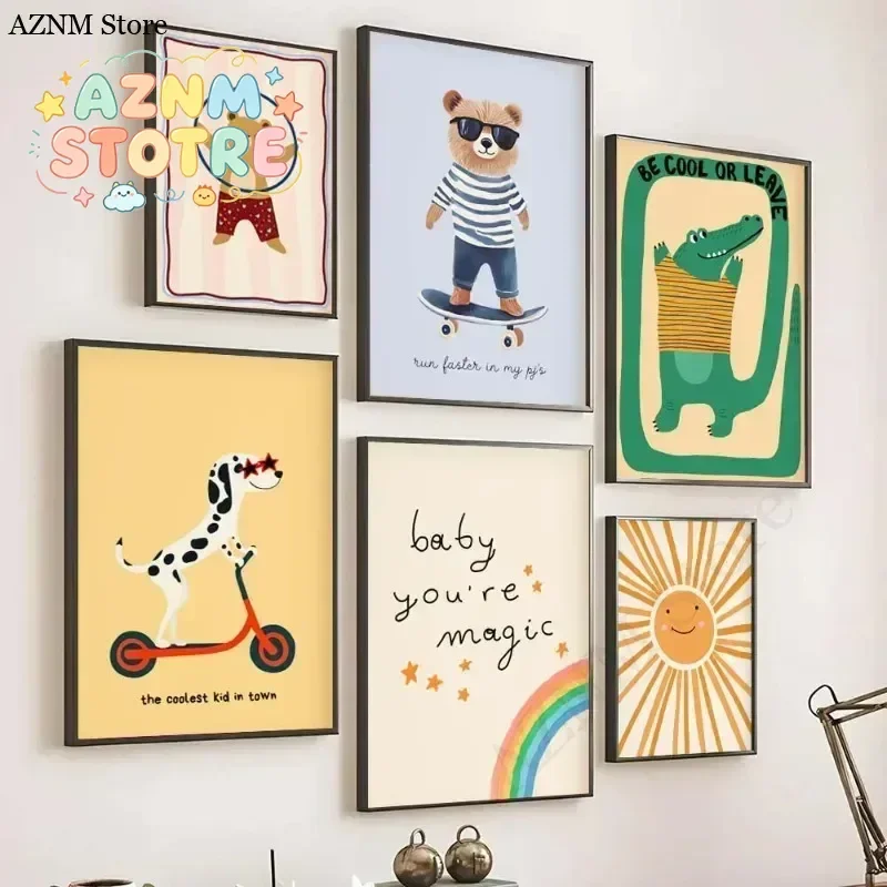 Tierposter-Drucke: Nordische Blumen-Hasen, coole Bären- und Gänse-Wandkunst, fantasievolle Kaninchen-Drucke für Kinderzimmer und Spielzimmer