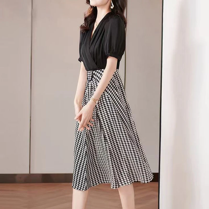 2022 Summer Korean Style Elegant Fashion Plaid Patchwork Waist Midi Dresses Office Lady Short Sleeve Temperament Dress Vestidos