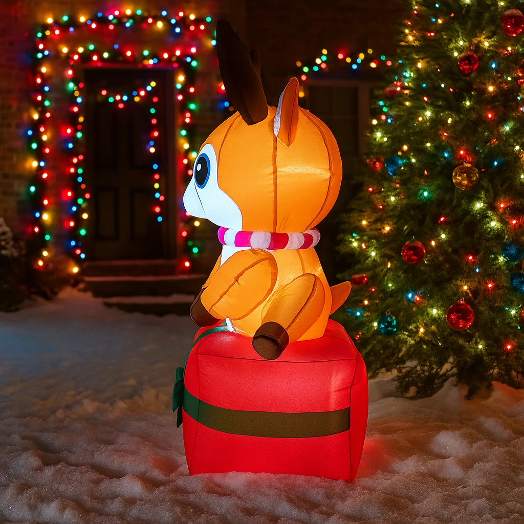 6フィートのクリスマスデコレーション、プレゼントボックスに立つ膨らませるおもちゃのトナカイ、キュートな動物の家の庭のクリスマスLEDライトデコレーション、クリスマスおもちゃ