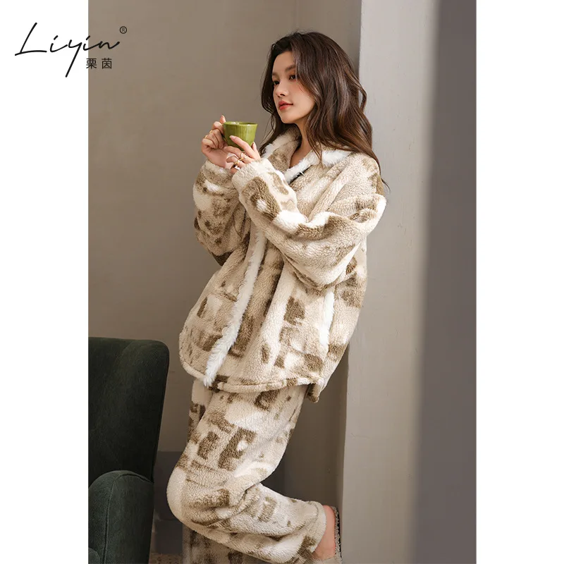 파자마 세트 면 겨울 의류 여성용 파자마 세트 여성용 따뜻한 겨울 파자마 패셔너블한 홈웨어, 파자마 부드러운 파자마 세트