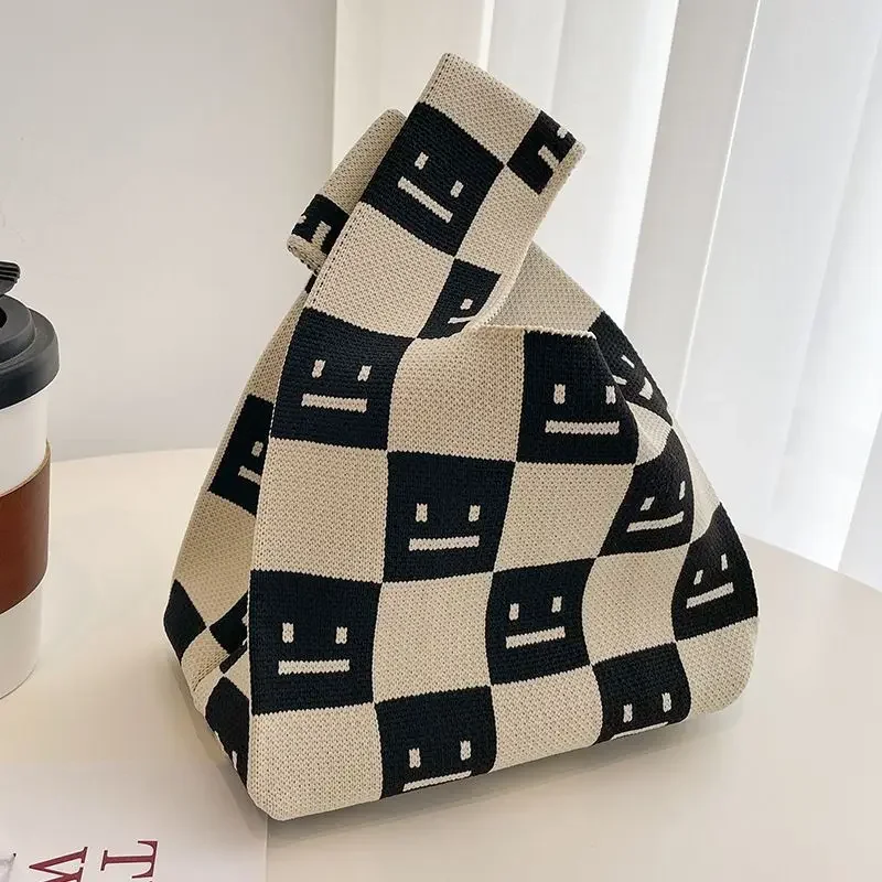 

Knitted Handbag for Women Handmade Mini Knot Wrist Bag Casual Color Plaid Tote Knit Handbag Women Student Reusable Shopping Bag