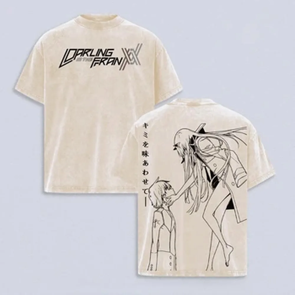 Fashion Zero Two Anime T-shirt Gothic Y2k Vintage Washed T Shirt Summer Casual Short Sleeve Cotton Tees Tops Men Women Clothing