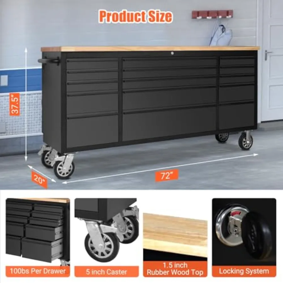 ch Heavy-Duty Rolling Tool Chest and Mobile Workbench with 15 Drawers, Rubber Wood Tabletop, Locking System, Drawer Liners and