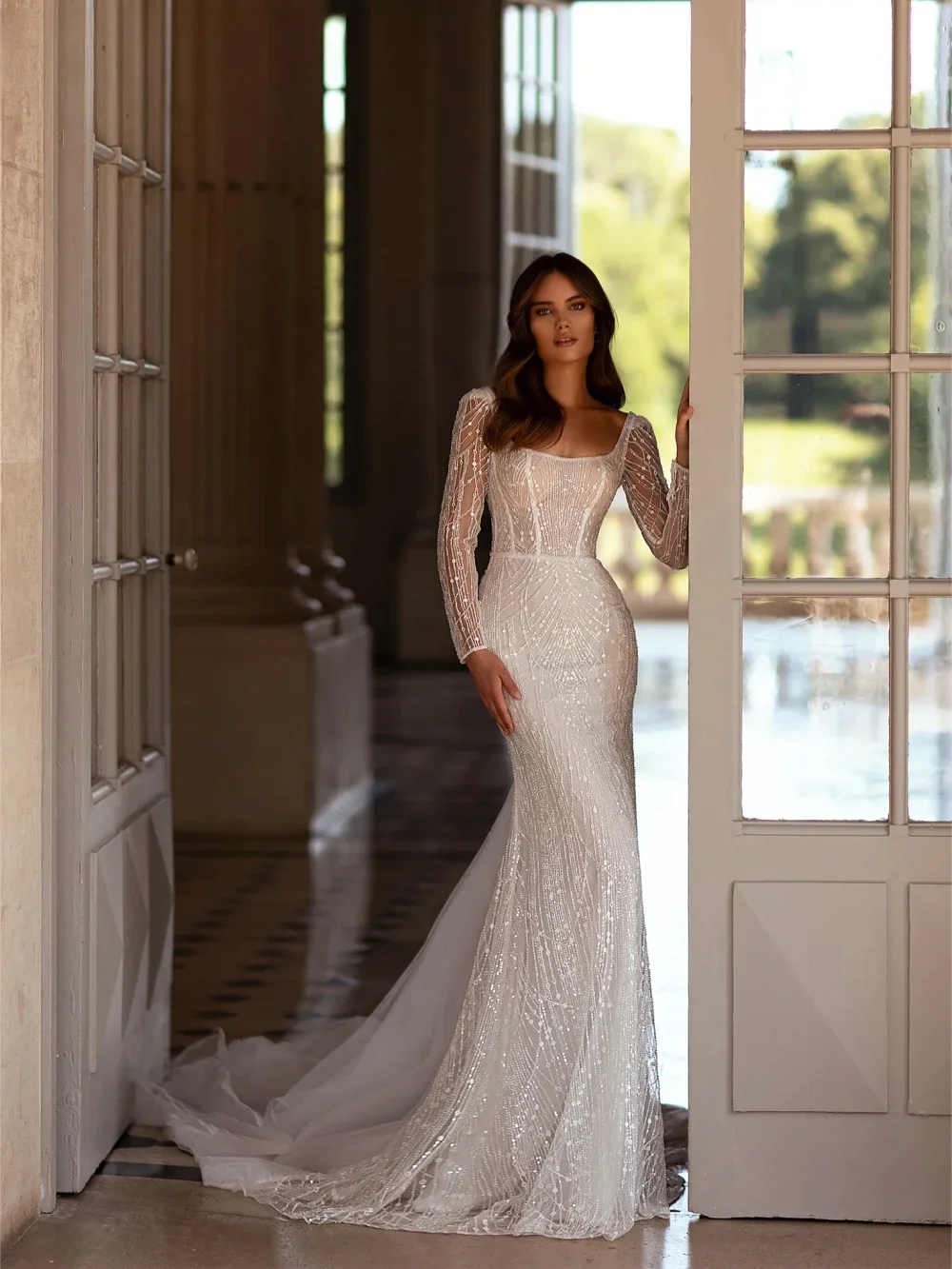 Vestidos encantadores personalizados para noiva lindo frisado pescoço quadrado vestido de casamento elegante sereia manga longa vestido de noiva novo