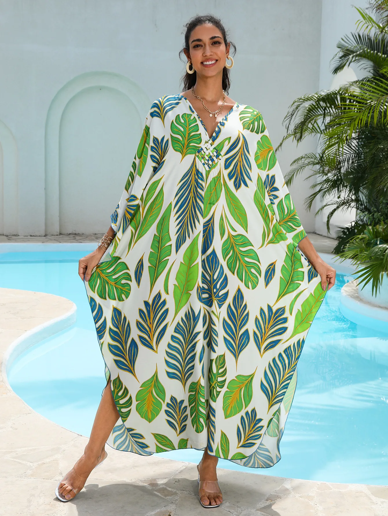 

Пляжные кафтаны для женщин: макси-платья с тропическим принтом, V-образным вырезом, тканые, для летнего отдыха и курортов, в стиле Миссис Ропер, дропшиппинг