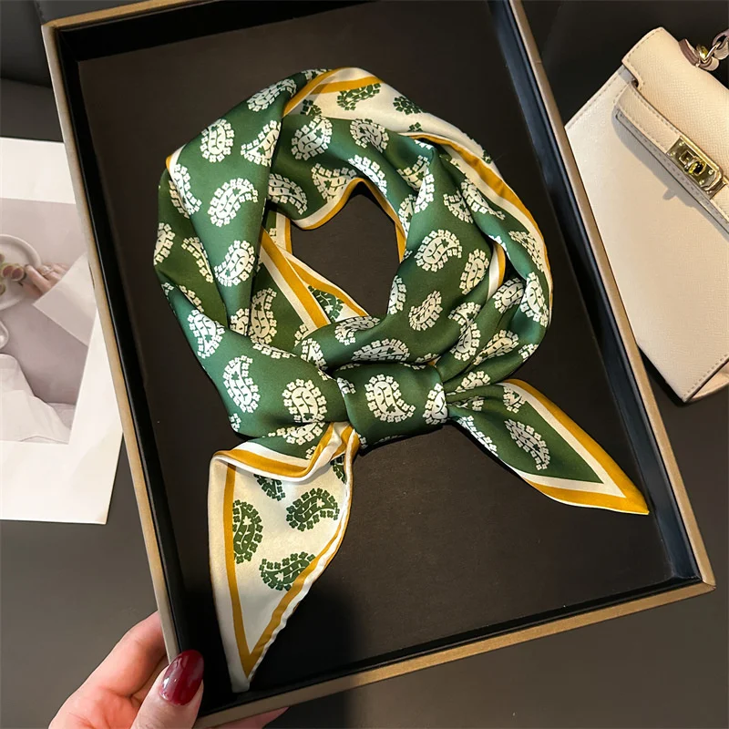 

Green Paisley Pattern Small Silk Scarves for Women Long Narrow Silk Feel Double-Sided Scarf Lady Headband Shawl Hairband