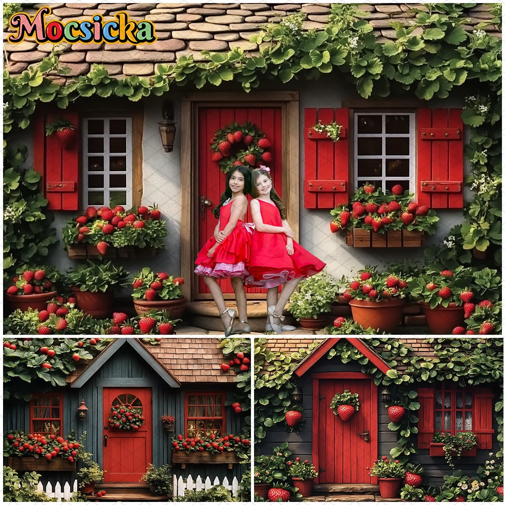 

Mocsicka Spring Photo Backdrop Birthday Party House Red Door Strawberry Decorations Easter Photography Backgrounds Studio Banner