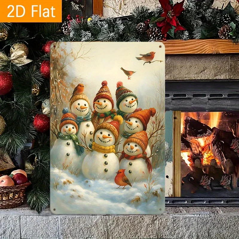 Snowmen Group Tin Sign - Snowmen in Winter Scene, for Family Christmas Card/Cozy Home Decor, s/