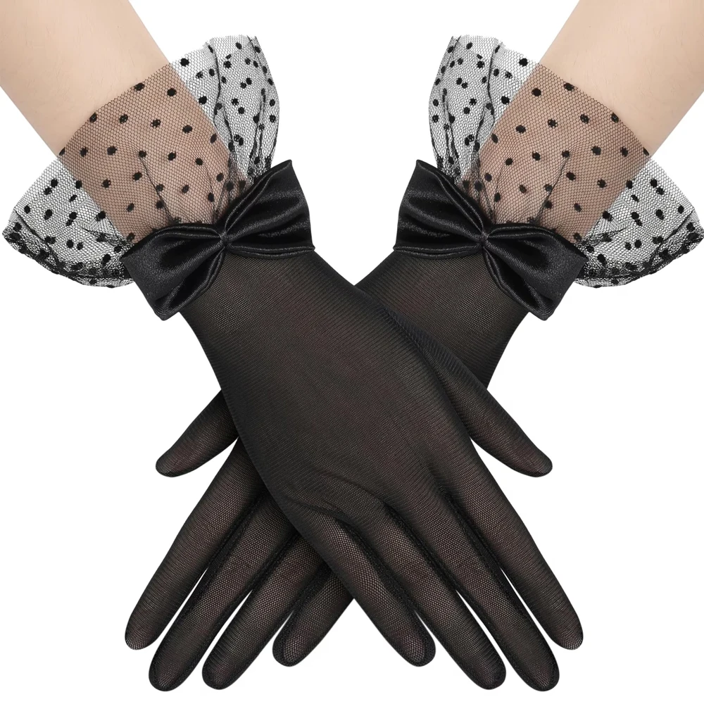 Elegante Kurze Spitzenhandschuhe mit Schleife, Dekorative Handschuhe für Damen, Geeignet für Partys, Hochzeiten und Formelle Abendveranstaltungen – Detail 2
