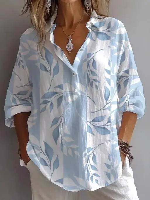 

Fashionable Printed Lapel Long Sleeved Women's Shirt Top, Elegant and Casual Single Breasted Straight Tube Loose T-Shirt Top