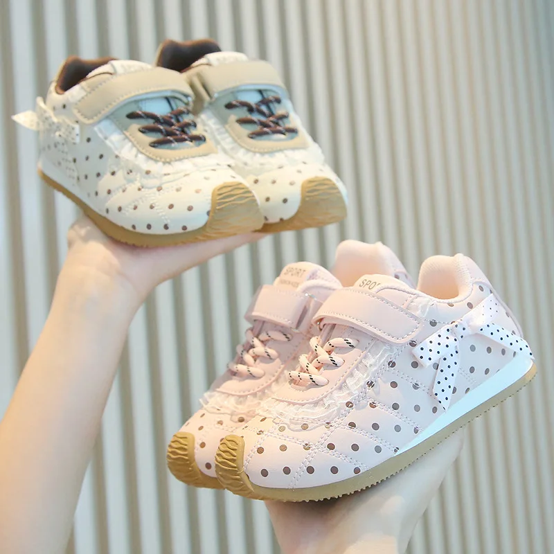 Girl Spring Autumn Butterfly Knot Polka Dot Lace Soft-soled Casual Shoe Kids Children Non-slip Sports Shoes Baby Casual Sneakers