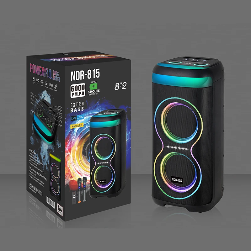 NDR-815 Dual 8 Inch Woofer Speaker Factory With Wireless Micro RGB Lighting Bass FM Radio AUX Port For Karaoke