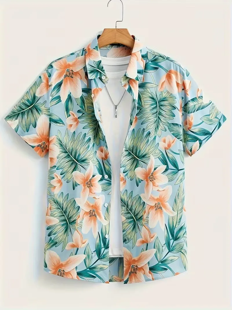 

Vintage Botanical Floral Print Beack Shirts Men's Light Blue Striped Trim Short Sleeve Button Up Vacation Hawaiian Shirt
