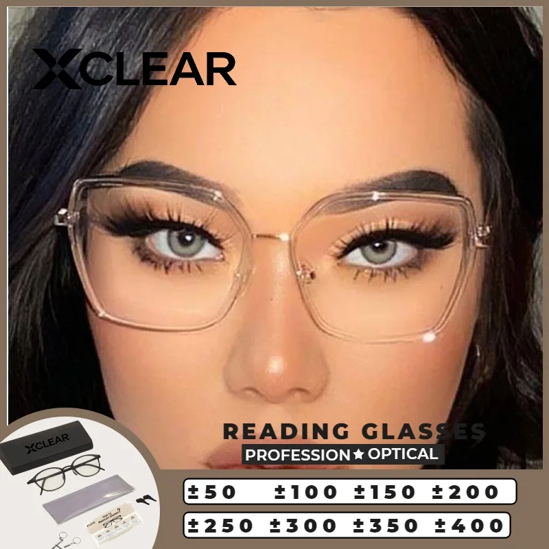 

XCLEAR High Quality Transparent Oversize Frame Square Reading Glasses Women New Design Prescription Optical Glasses Customized