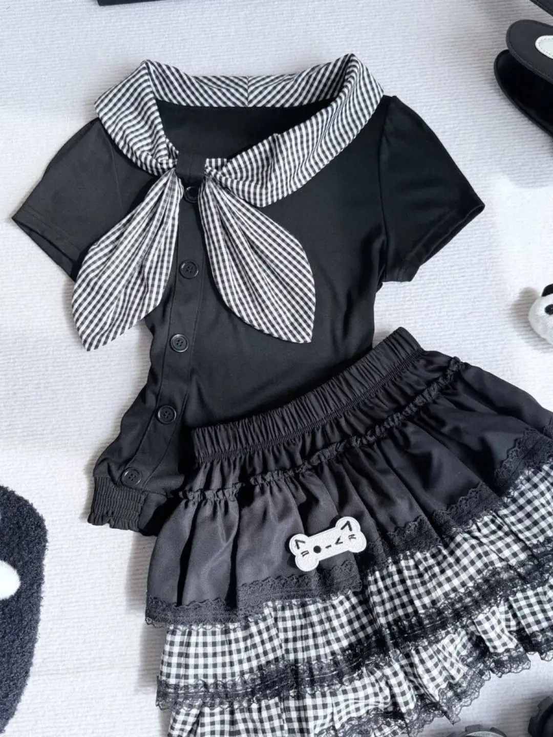 

Y2K Japanese Style Set Korean Version Navy Collar T-Shirt Short Sleeve Lace Spicy Girl Cake Dark Punk Fluffy Versatile S...