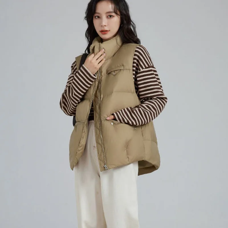 Chaleco de mujer a la moda con cuello levantado, novedad de Otoño Invierno 2021, chaleco cálido de ocio para mujer, chaqueta de plumón de Color sólido para mujer H452