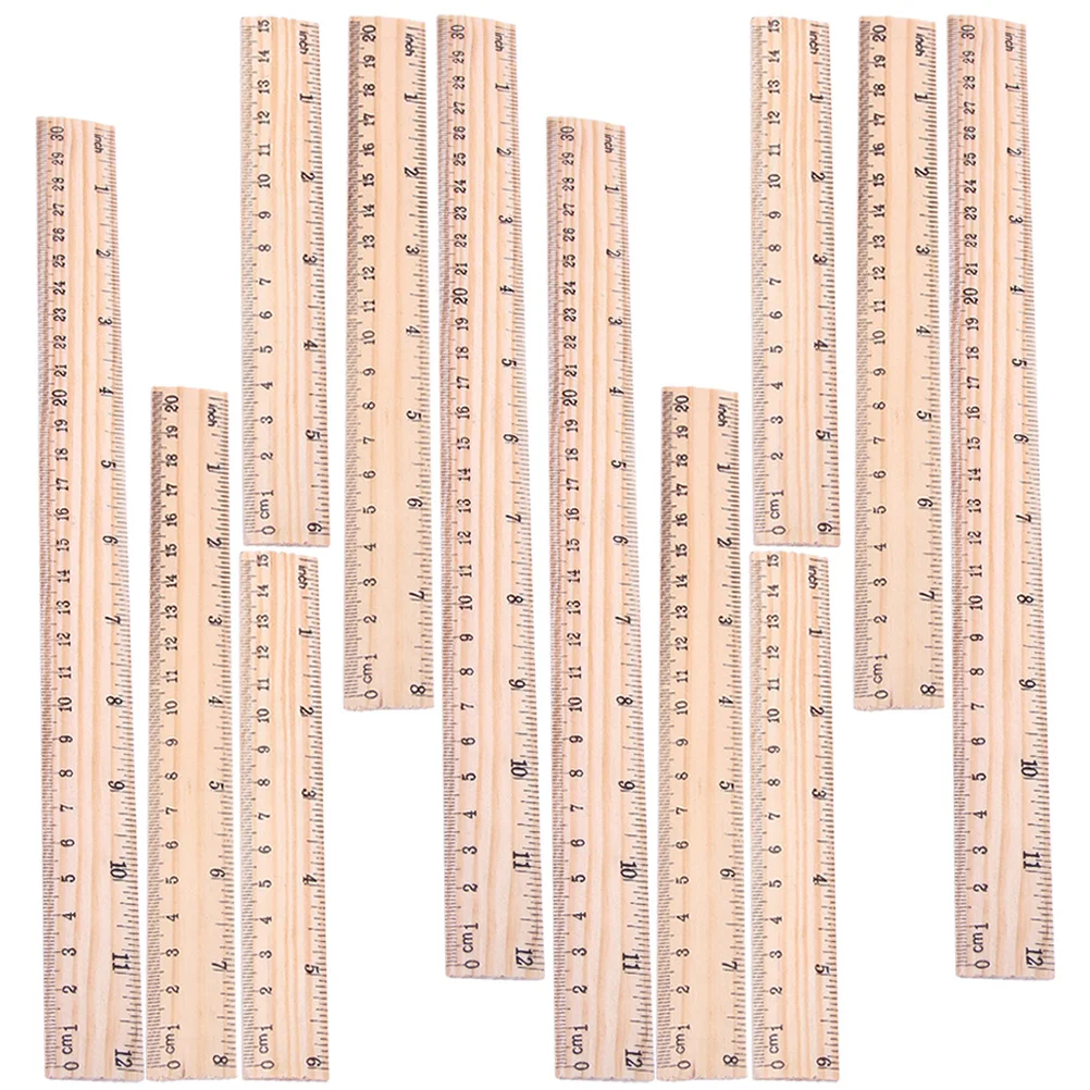 12Pcs Wooden Measuring Rulers Hardwood Straight Edge for Drafting Woodworking Office School Use Precise Clear Markings