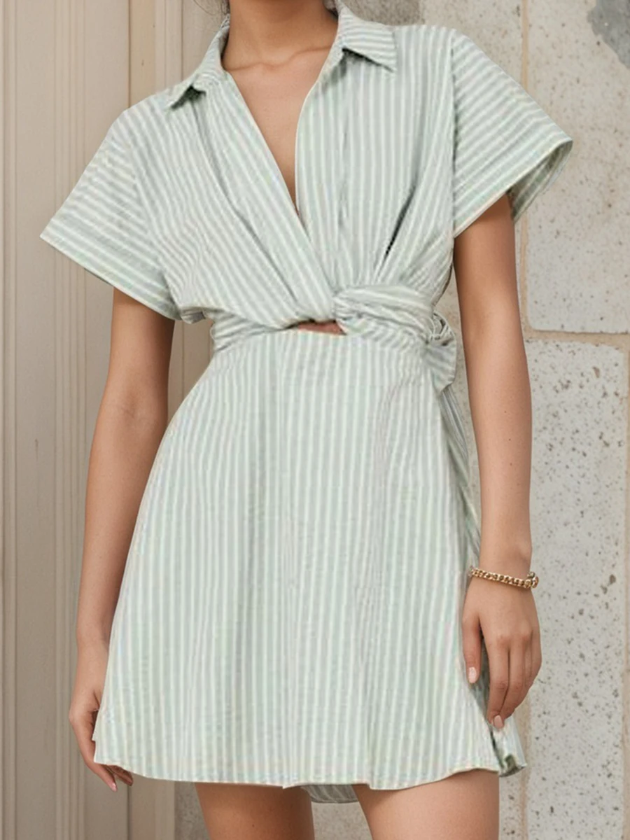 

Striped Lace-up Shirt Dresses Women Turndown Collar Short Sleeve Hollow Out A-line Vestidos Summer Simple Casual Chic Mini Dress