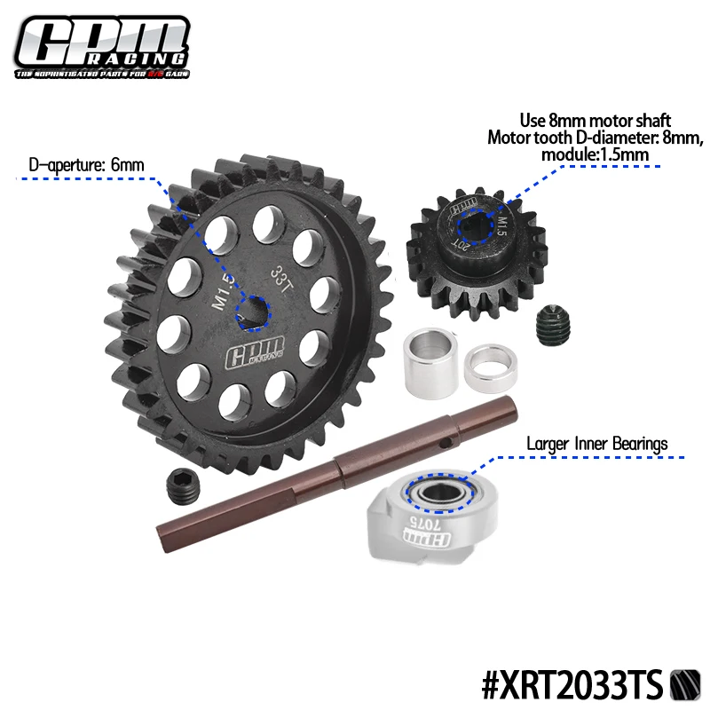 

Spur diameter: 6mm, Motor tooth diameter: 8mm, D-shaped motor gear hole, module: 1.5mm For 1/5 X-MAXX 8S,1/6 4WD XRT 8S-78086-