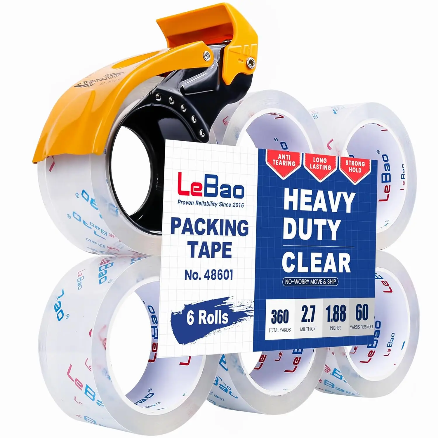 

Heavy Duty Packing Tape with Metal Dispenser, Strong HD Clear Packaging Tape, 6 Rolls 1.88 in. x 60 yd. x 2.7MiL, Secure