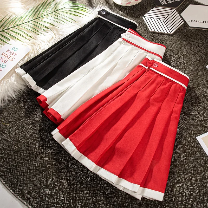 Women's Pleated Skirt Skater School Uniform Mini Skirts Hit Color High-waisted Red Short Sports Casual Korean Style Kawaii