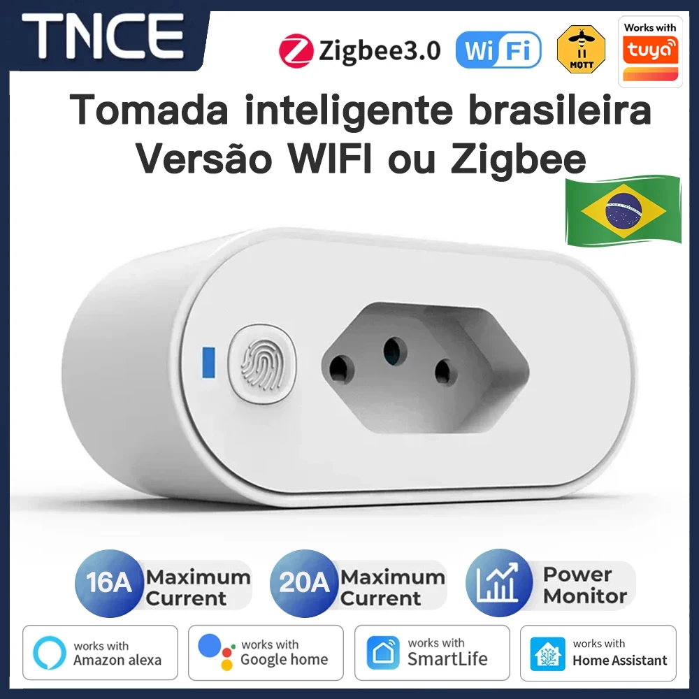 TNCE Tuya Brazil Plug 16/20A adapter, WIFI or zigbee3.0 socket with Power Monitor, Smart outlet control, Voice Google Home Alexa