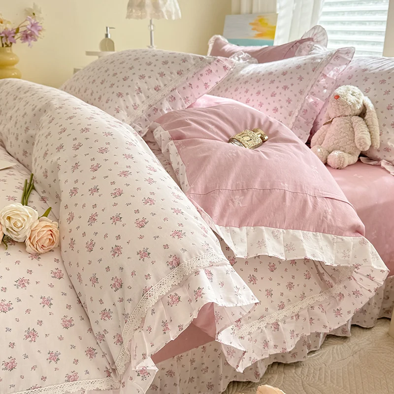 Korean Princess Style Floral Lace Ruffled 100% Cotton Bedding Set Soft & Comfortable Luxury Home Textiles, Cute Duvet Covers Set