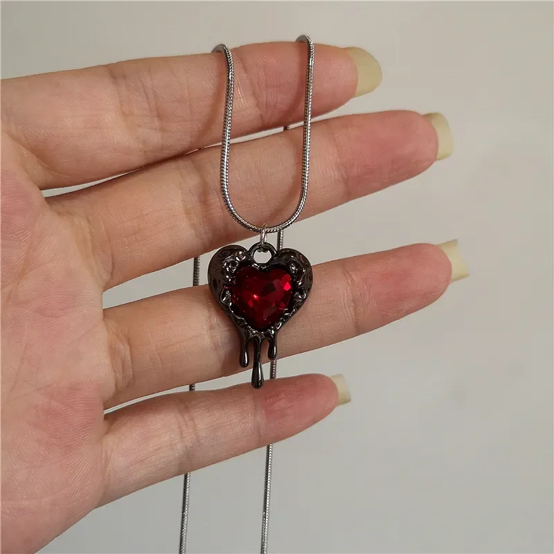 Vintage Y2k Red Love Heart Cross Pendant Snake Chain Necklace For Women Men Halloween Aesthetic Gothic Rave Jewelry Accessories