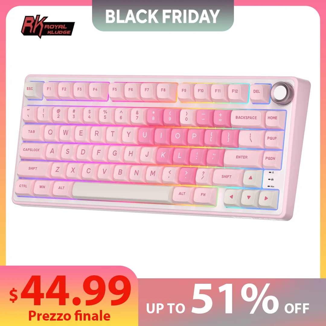 

Royal Kludge RK R75 Pink Wired Mechanical Keyboard Gasket Hot-swappable 80 Keys RGB Backlit PBT Keycap Gamer Keyboard Metal Knob